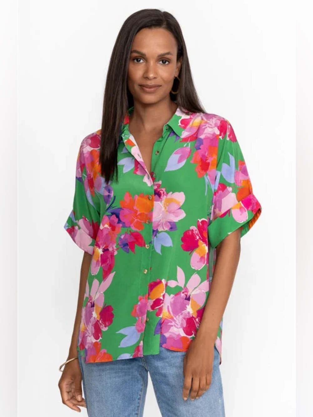 Johnny Was Nadine Silk Green Floral Button Up Shirt L